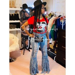 High Waist Wide Legs Ripped Denim Bell-Bottom Fringe Jeans
